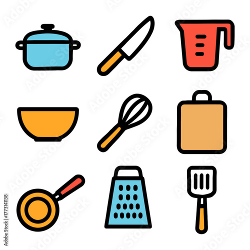 Colorful kitchen utensils set: pot, knife, measuring cup, bowl, whisk, cutting board, pan, grater, spatula.