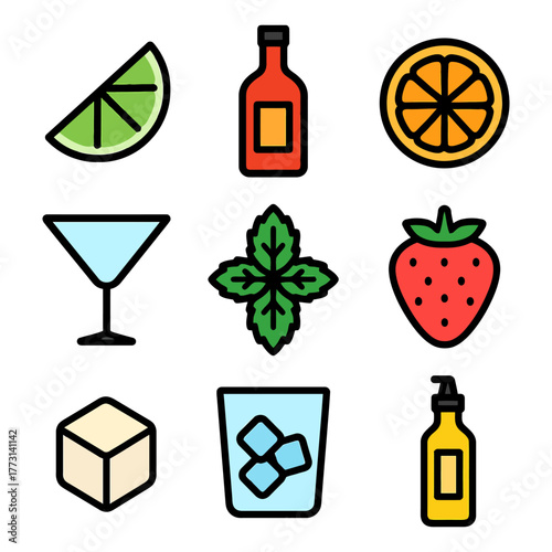 Colorful cocktail ingredients with fruits and drinks icons.