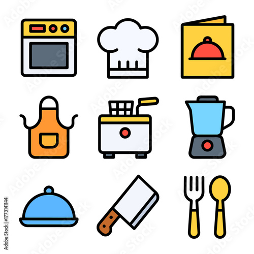 Colorful kitchen icons featuring appliances, chef hat, and utensils.