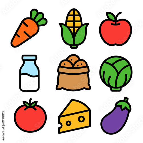 Colorful illustrations of vegetables, cheese, and milk on white background.