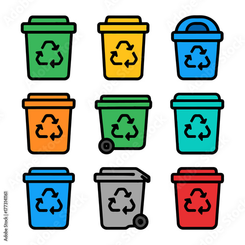 Colorful recycling bins with symbol of sustainability and waste management.