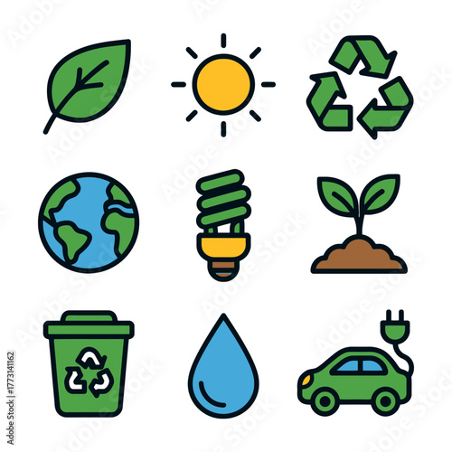 Eco-friendly icons collection: leaf, sun, recycling, earth, energy, plant, bin, water, electric car.