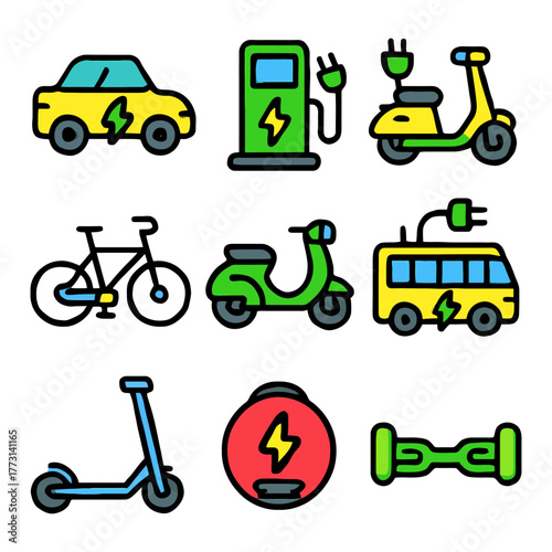 Eco-friendly electric vehicles and charging stations.