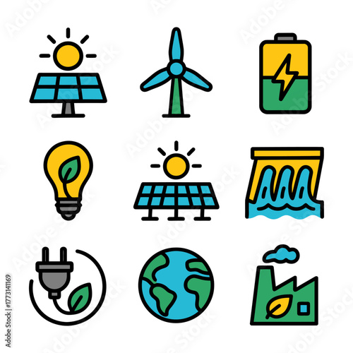 Renewable energy icons: solar, wind, battery, hydro, earth, eco-friendly power.