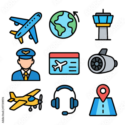 Aviation icons: airplane, globe, control tower, pilot, ticket, engine, headphones, map.
