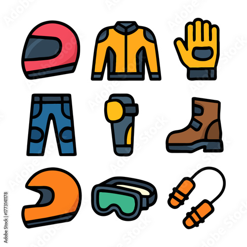 Colorful motorcycle gear icons: helmet, jacket, gloves, boots, and accessories.