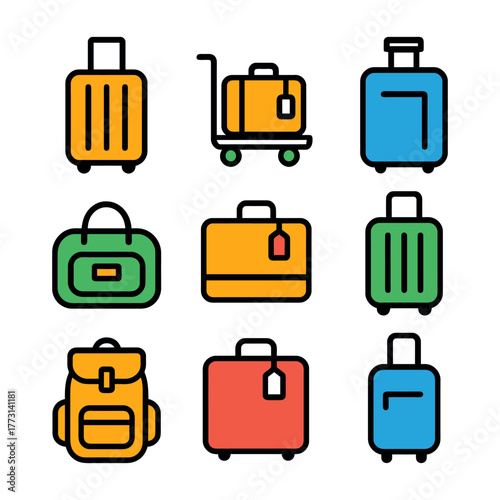 Colorful travel luggage icons set for packing and traveling.