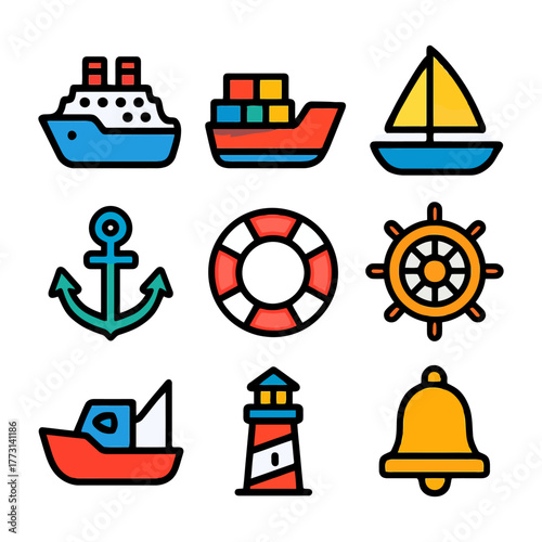 Colorful nautical icons set featuring ships, anchor, lifebuoy, and lighthouse.