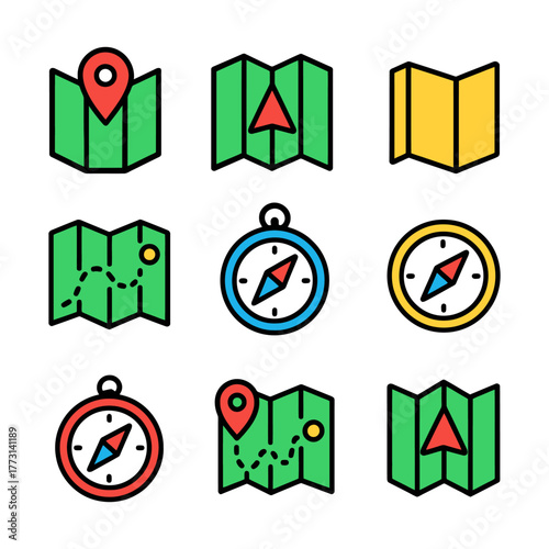 Colorful map and compass icons set featuring navigation symbols.