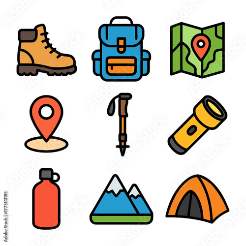 Colorful camping icons set: gear and equipment for outdoor adventure.