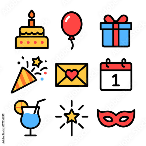 Colorful celebration icons: cake, balloon, gift, and more.