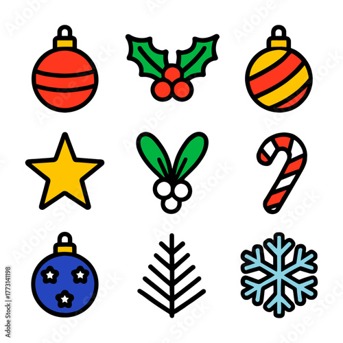 Colorful holiday icons: ornaments, holly, star, candy cane, snowflake.