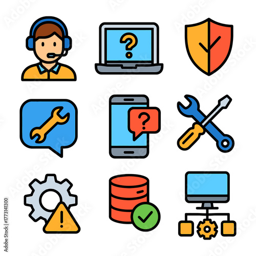 It support icons: headset, laptop, shield, tools, smartphone, gear, database, network.