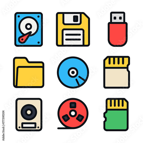 Collection of computer data storage icons featuring usb, floppy disk, hard drive, and sd card.