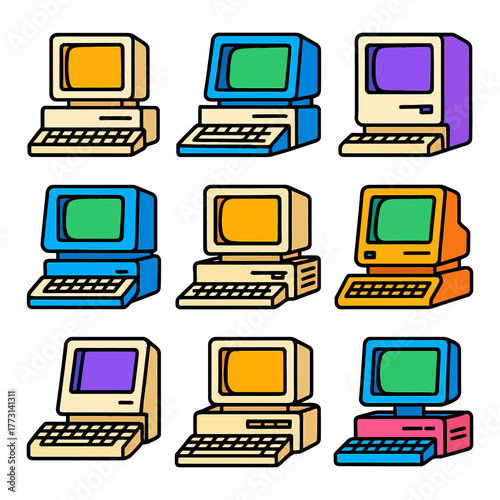 Retro computers collection in vibrant colors and designs.