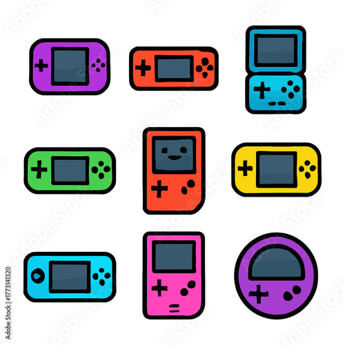 Colorful collection of retro handheld game consoles in various designs.