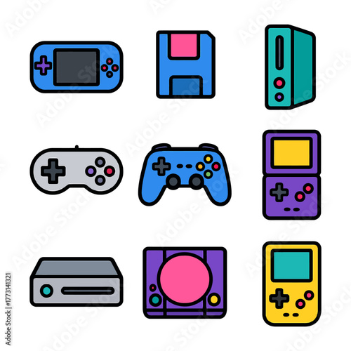 Variety of game consoles and controllers in colorful, retro style icons.