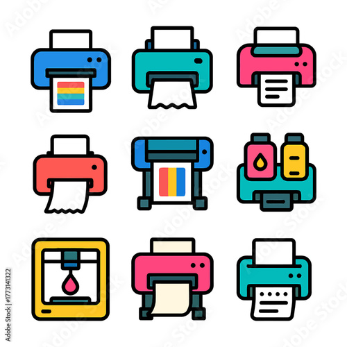 Collection of colorful printer icons including 3d and inkjet designs.