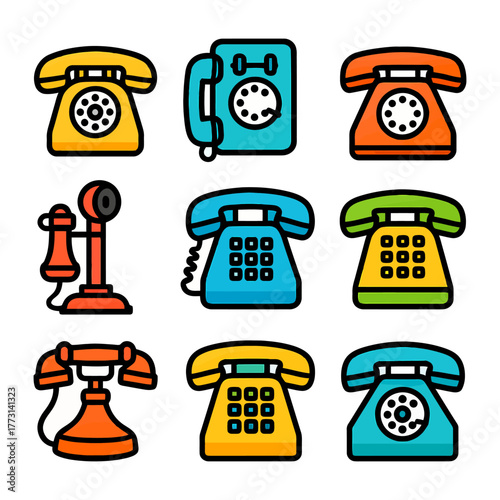 Colorful vintage telephone icons in various designs and styles.