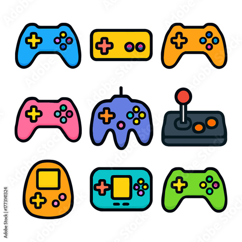 Colorful game controllers collection featuring diverse designs and styles.