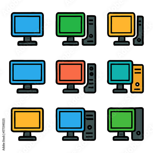 Colorful computer icons set: diverse monitors and cpus in various colors.