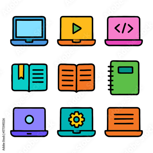 Colorful technology and reading icons including laptops, books, and notebooks.