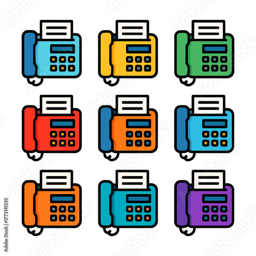 Colorful set of nine fax machines with paper on white background.