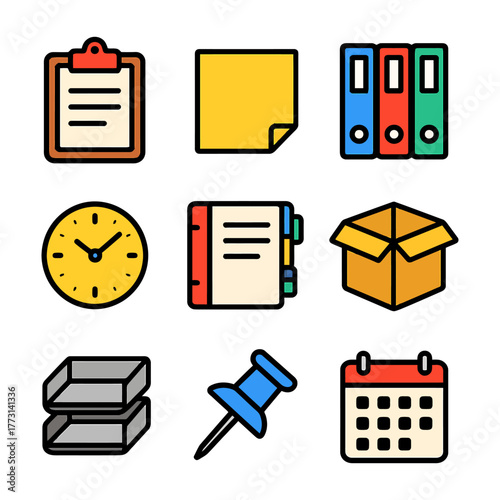 Colorful office icons set featuring stationery and organizational tools.