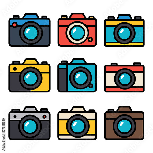 Colorful cartoon cameras nine icon set with retro design elements.
