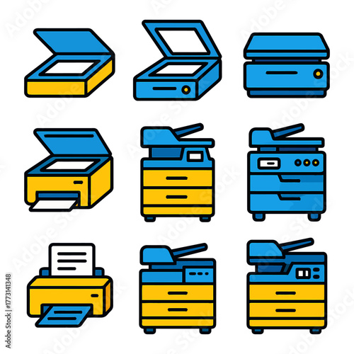 Colorful graphic icons of office printers and scanners in yellow and blue.