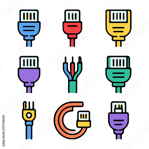 Collection of colorful usb and ethernet cable icons on white background.