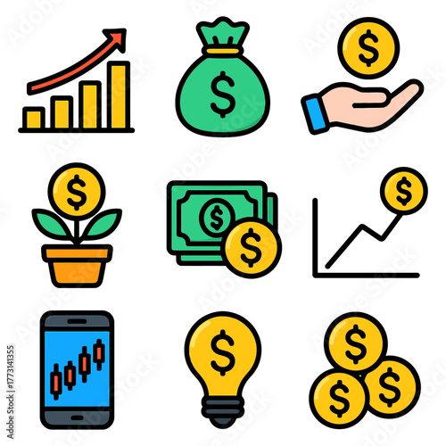 Set of finance and investment icons featuring growth, savings, and profit.
