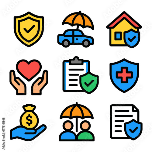 Insurance icons collection: health, property, vehicle, and financial protection symbols.