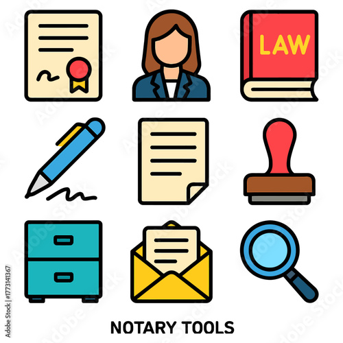 Notary tools: certificate, law book, pen, stamp, icon set for legal services.