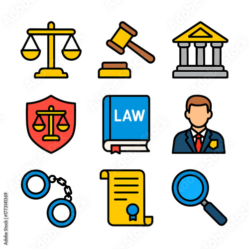 Law and justice icons: scales, gavel, courthouse, book, badge, handcuffs, scroll, magnifying glass.