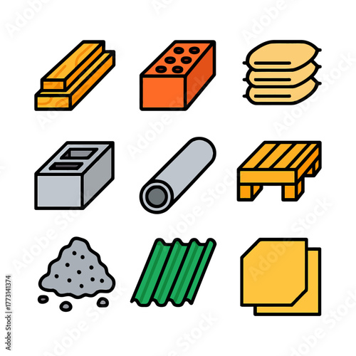 Construction materials icons set featuring wood, brick, cement, steel, pallet, concrete, roofing, insulation.