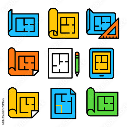 Colorful blueprint icons: diverse digital architecture designs with tools.