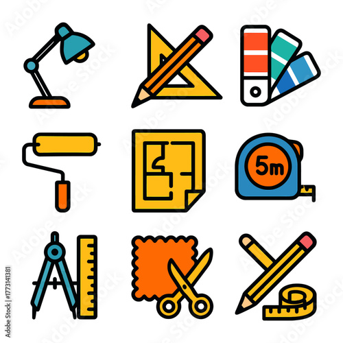 Colorful design tools icons featuring lamp, pencil, ruler, paint roller, compass, scissors, tape measure.