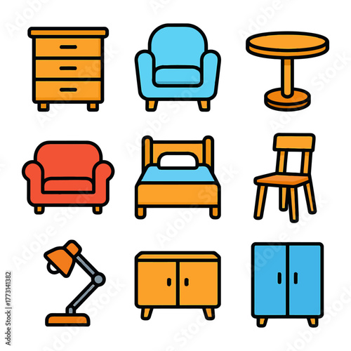 Colorful furniture icons collection: chairs, tables, lamps, and cabinets.