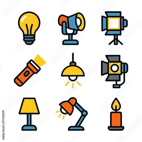 Colorful lighting icon set: lamps, bulbs, flashlights, candles, spotlights, desk lamps.