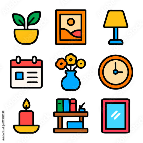 Colorful home decor icons featuring plants, art, and furniture.