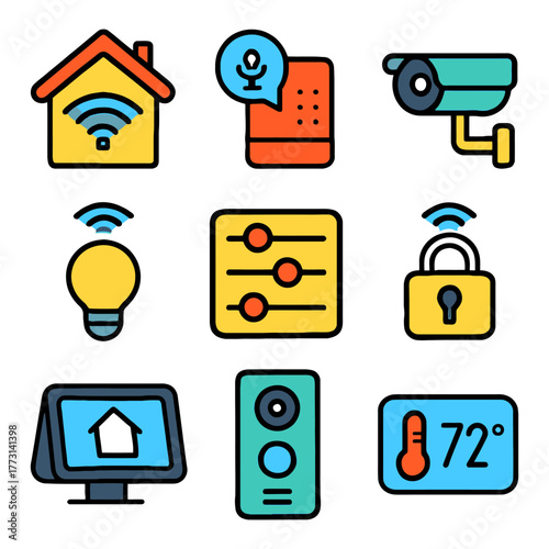 Smart home devices: automation, security, and control icons in colorful design.