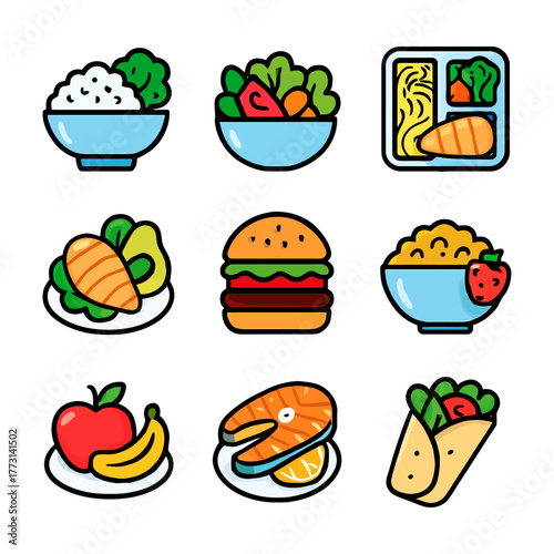 Colorful assortment of food icons featuring rice, salad, noodles, and more.