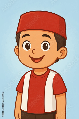 A cheerful young boy wearing a red fez hat and a red shirt with white accents, depicted in a cartoon style.