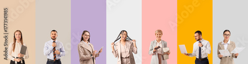 Set of different business people on color background