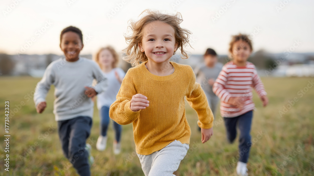 Fototapeta premium Children enjoying outdoor tag game after school adventure