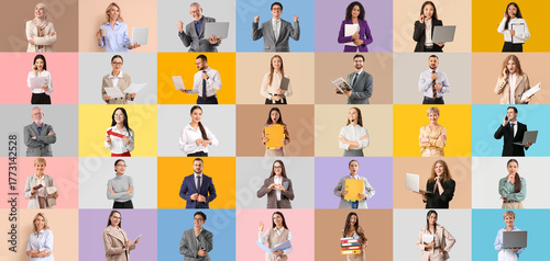 Collage of many different business people on color background