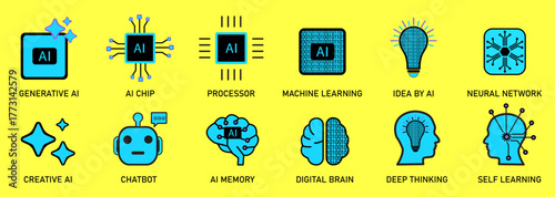 Cyan coloured Artificial Intelligence icon set. vector illustration contains Generative AI, AI chip, Processor, neural network, chatbot, self-machine learning, robot brain, idea bulb sign( Isolated)