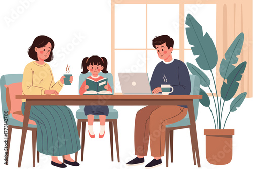 Family Sharing Peaceful Morning Together Reading, Working, and Relaxing Around Cozy Table with Hot Drinks, Books, Laptop, and Natural Light