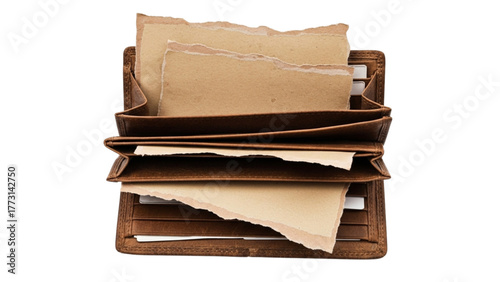 Organized leather wallet filled with torn kraft paper sheets for financial document management storage
